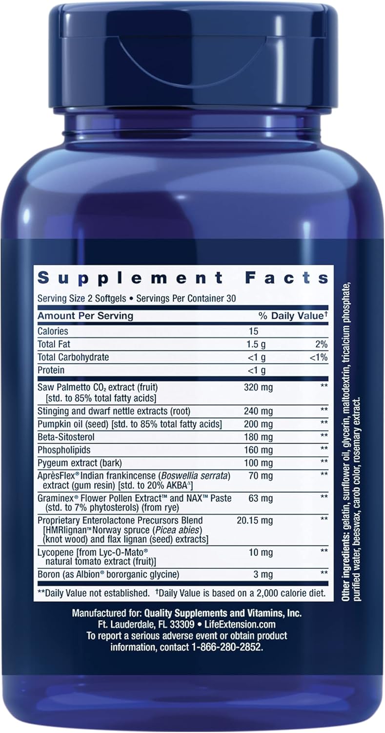 Men’s Prostate Health Supplement with Beta Sitosterol, Saw Palmetto, Lycopene, Pumpkin Seed - 60 Softgels for Life Extension