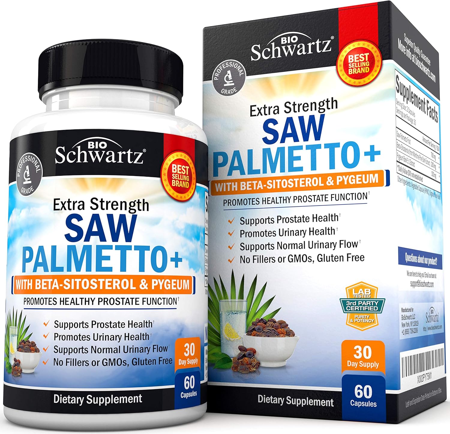 Men's Prostate Health Supplement with Saw Palmetto, Pygeum, and Beta-Sitosterol - Promotes Healthy Urinary Flow - Non GMO Gluten Free - 60 Ct