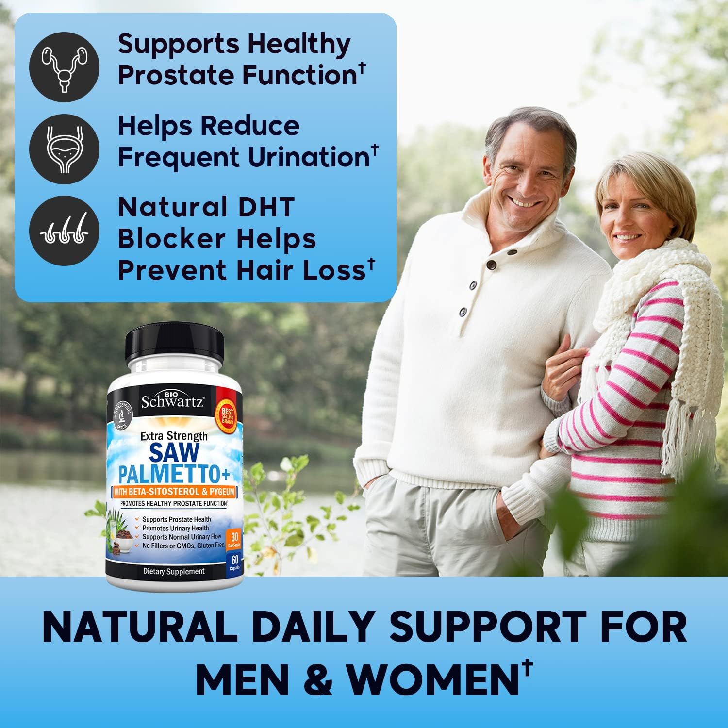 Men's Prostate Health Supplement with Saw Palmetto, Pygeum, and Beta-Sitosterol - Promotes Healthy Urinary Flow - Non GMO Gluten Free - 60 Ct