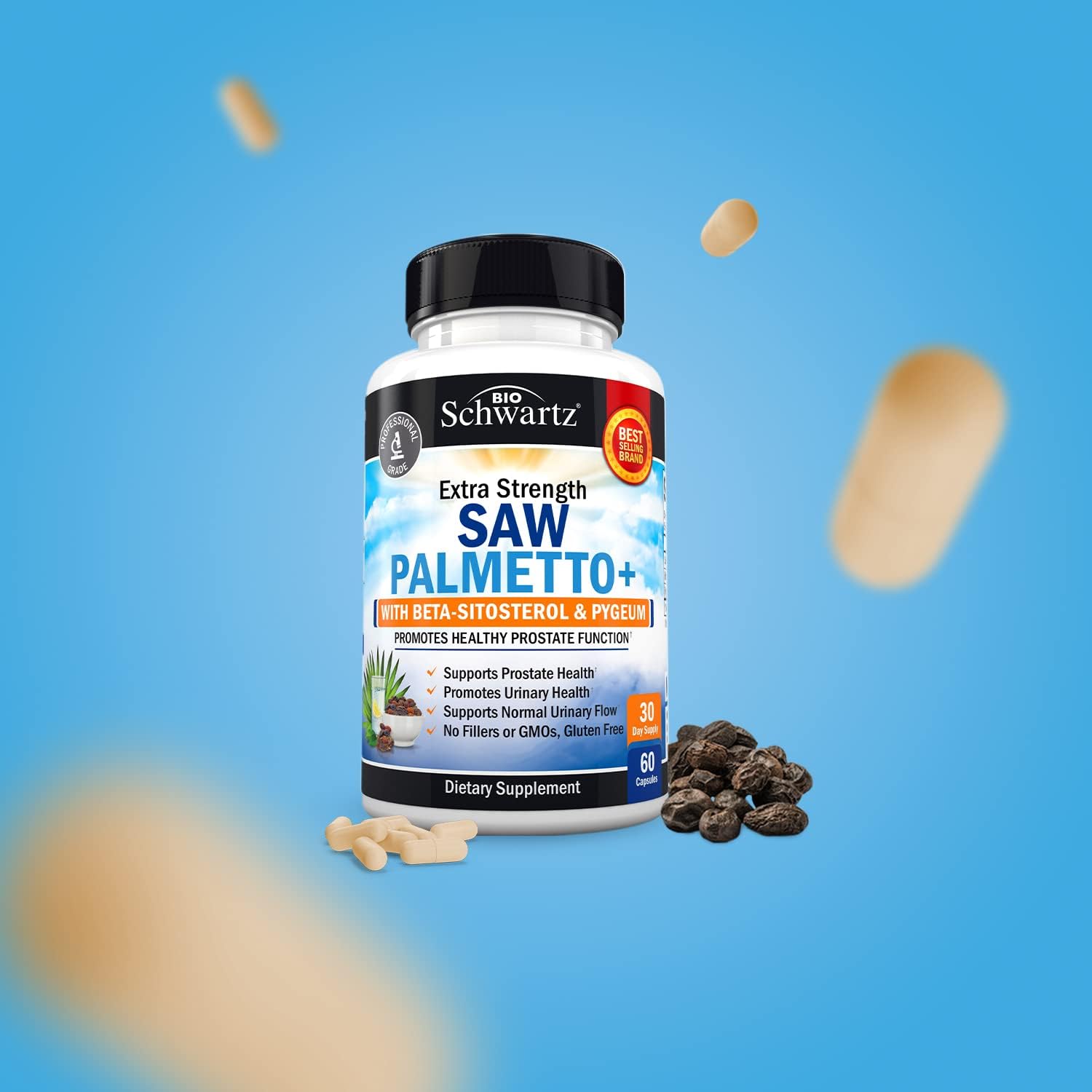 Men's Prostate Health Supplement with Saw Palmetto, Pygeum, and Beta-Sitosterol - Promotes Healthy Urinary Flow - Non GMO Gluten Free - 60 Ct