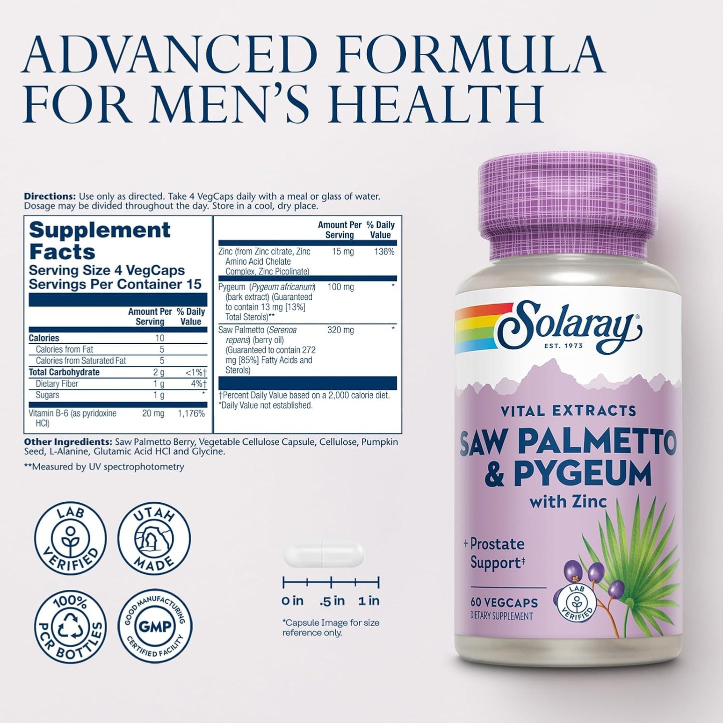 Men's Prostate Support Supplement with Saw Palmetto, Pygeum Bark, Zinc, Vitamin B6, Pumpkin Seed, Amino Acids - 60 VegCaps - Prostate Health Formula with Beta Sitosterol