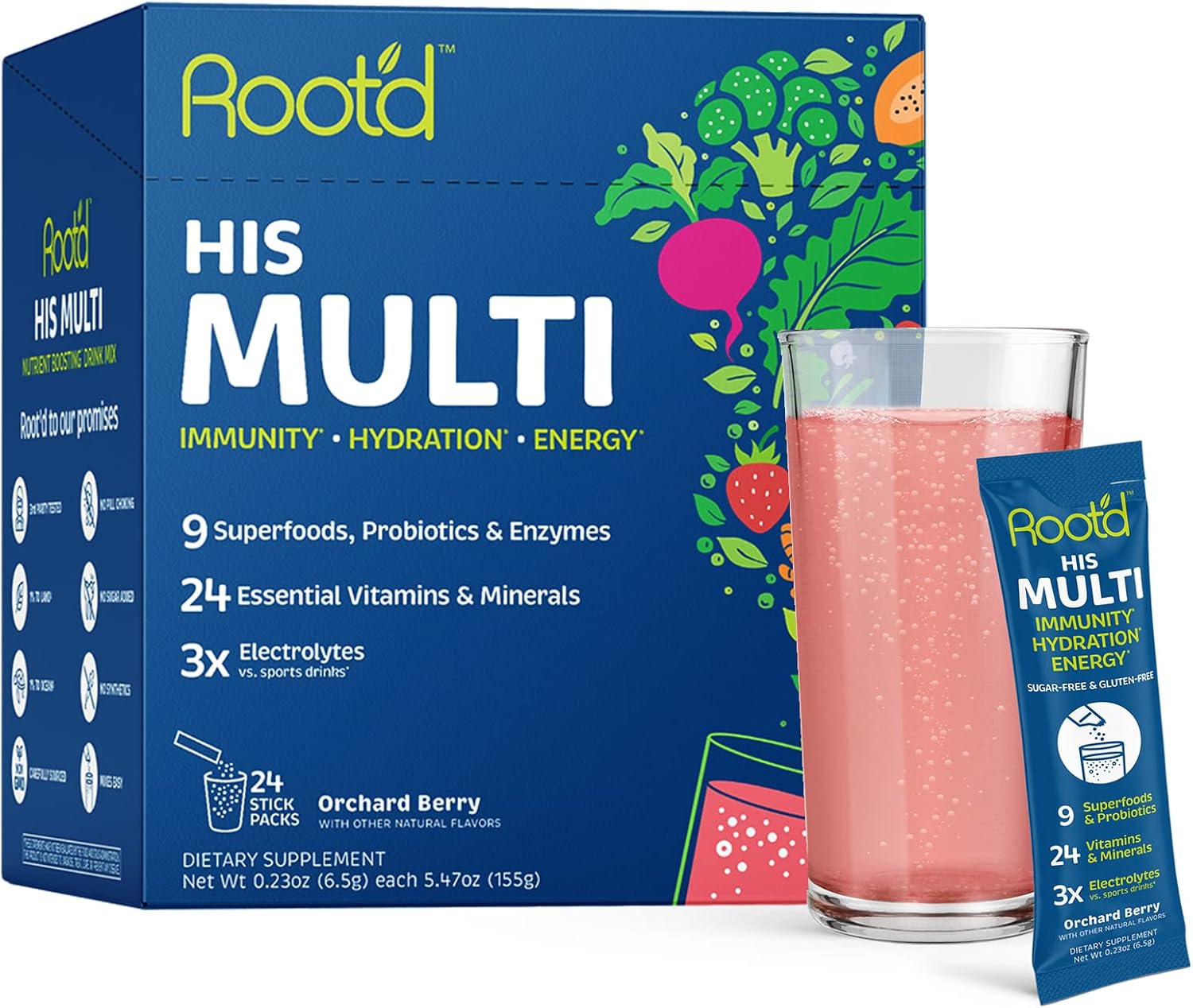 Men's Root'd Multivitamin Powder: 24 Vitamins, 3X Electrolytes, 9 Superfoods, Probiotics, Enzymes | Sugar-Free, Hydrating - 24 Packets