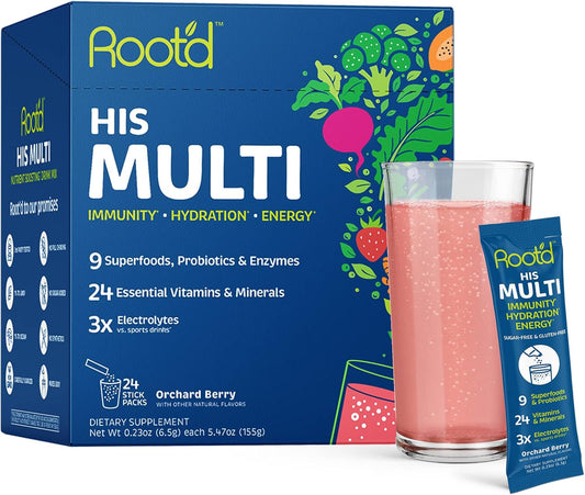 Men's Root'd Multivitamin Powder: 24 Vitamins, 3X Electrolytes, 9 Superfoods, Probiotics, Enzymes | Sugar-Free, Hydrating - 24 Packets