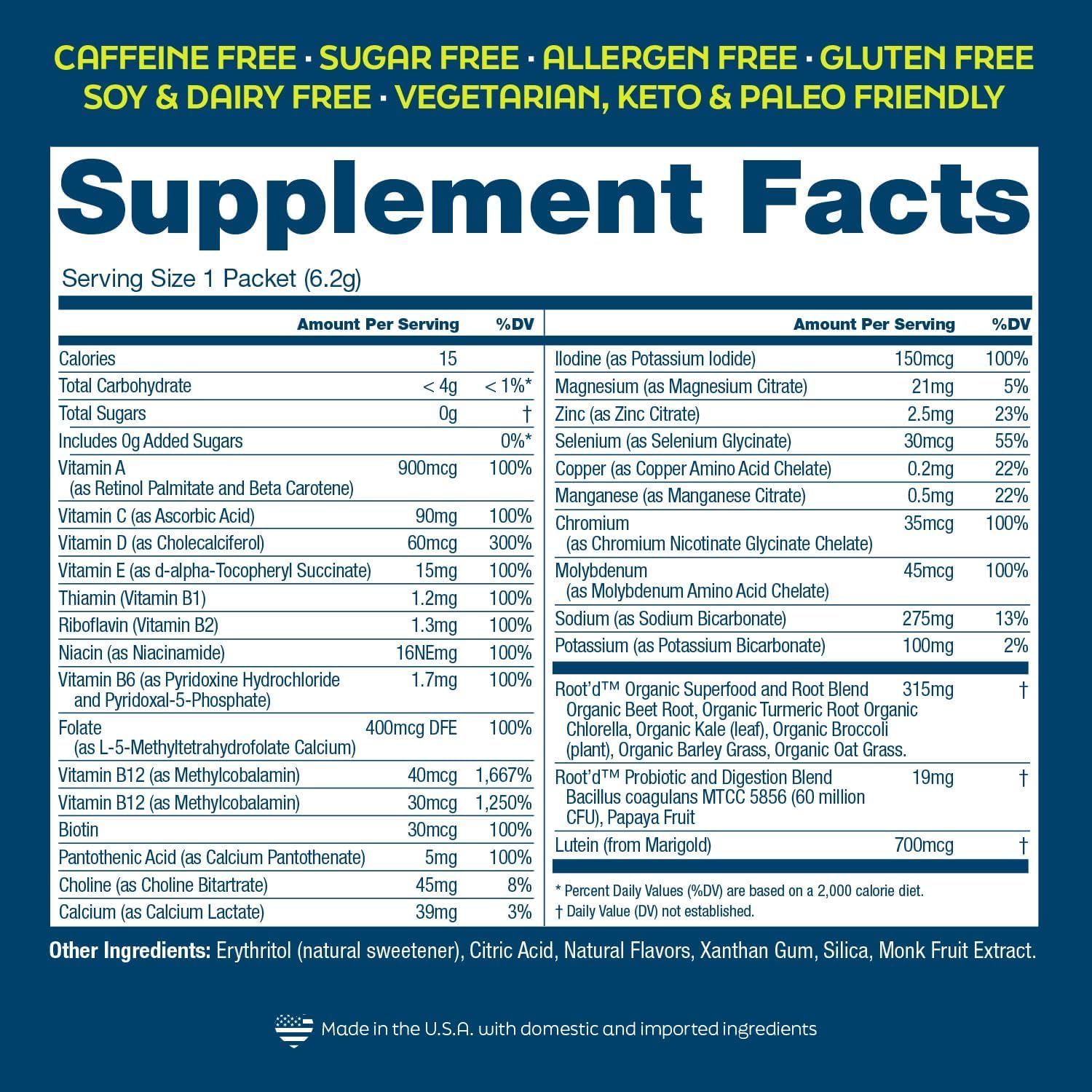 Men's Root'd Multivitamin Powder: 24 Vitamins, 3X Electrolytes, 9 Superfoods, Probiotics, Enzymes | Sugar-Free, Hydrating - 24 Packets