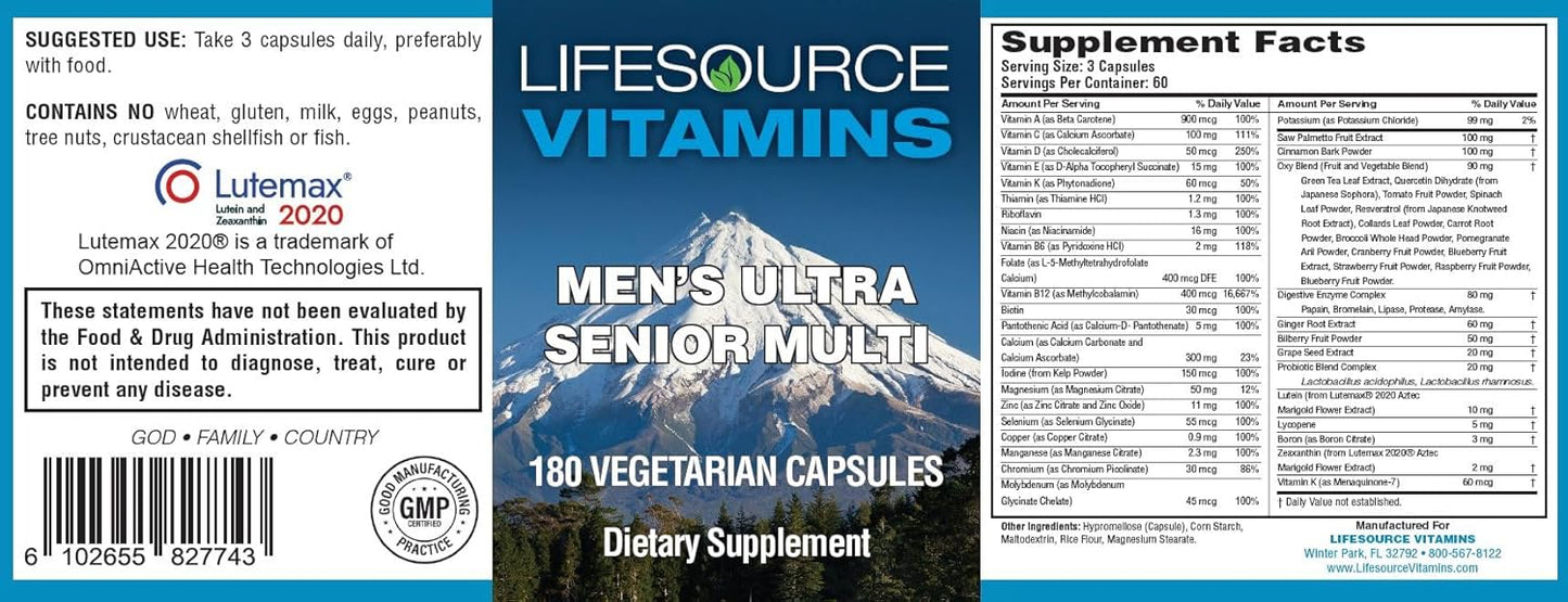Men's Senior Multi - Vegetarian Complete Multi for Men Over 50 - 180 Capsules - 60 Day Supply by LifeSource Vitamins