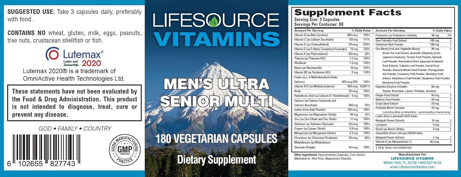 Men's Senior Multi - Vegetarian Complete Multi for Men Over 50 - 180 Capsules - 60 Day Supply by LifeSource Vitamins