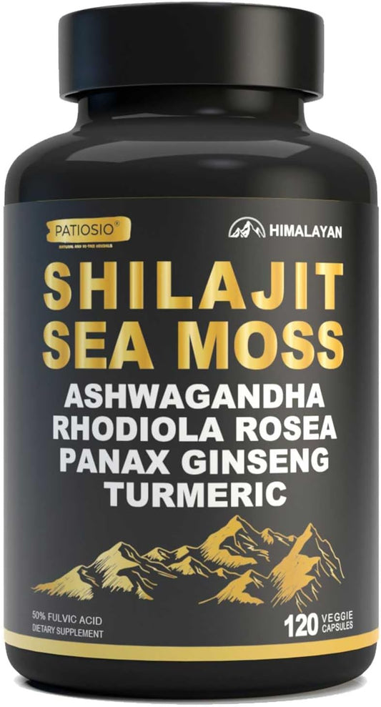 Men's Shilajit Capsules with 50% Fulvic Acid, Himalayan Shilajit Resin Extract, Sea Moss, Ashwagandha - 120 Capsules for Energy and Stamina