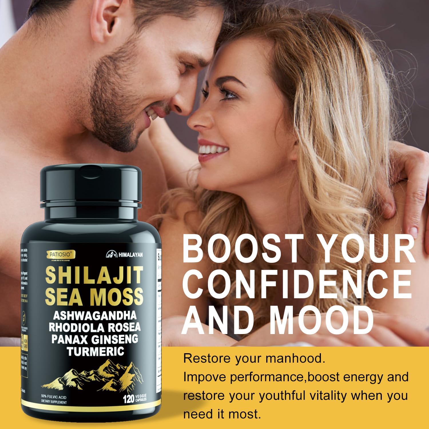 Men's Shilajit Capsules with 50% Fulvic Acid, Himalayan Shilajit Resin Extract, Sea Moss, Ashwagandha - 120 Capsules for Energy and Stamina