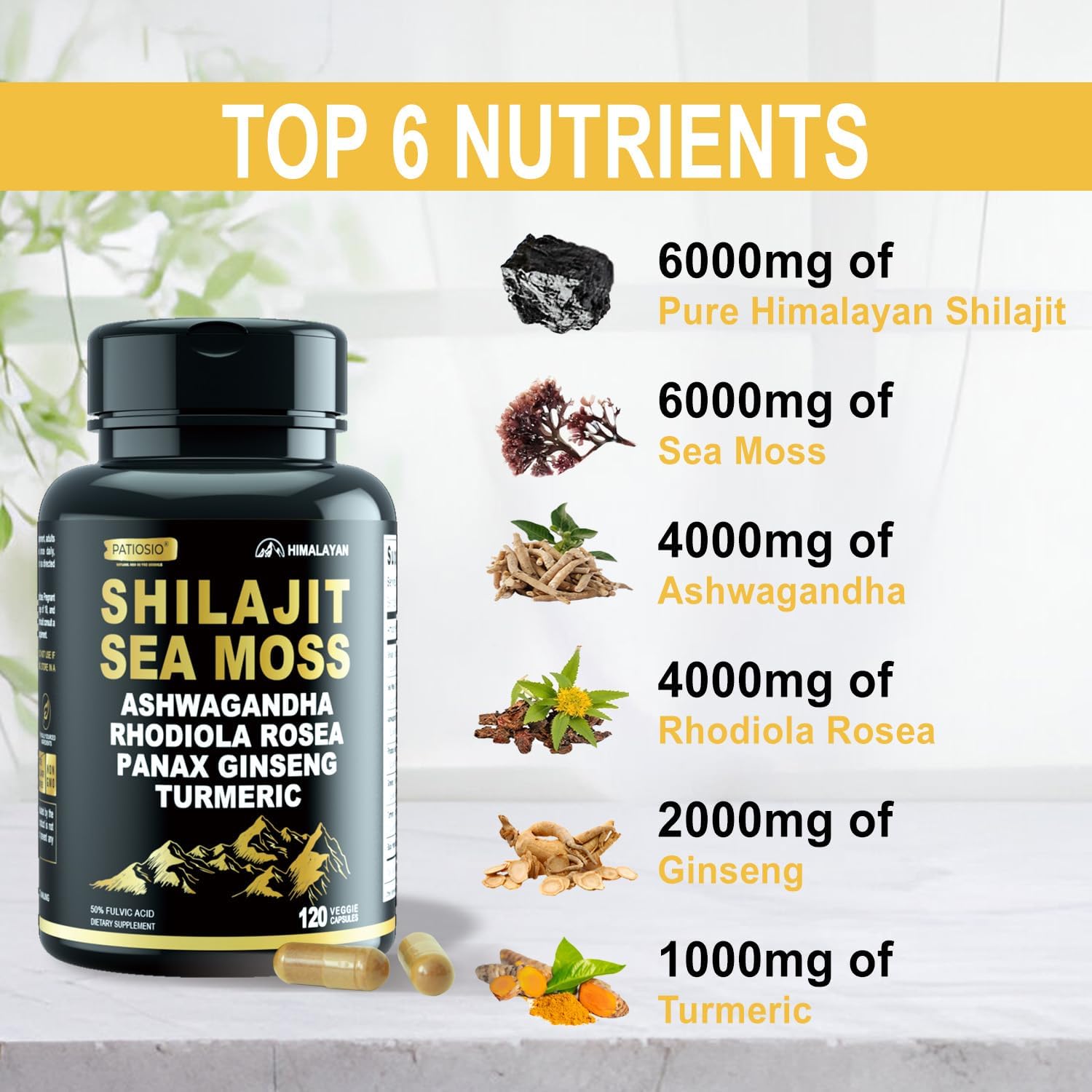 Men's Shilajit Capsules with 50% Fulvic Acid, Himalayan Shilajit Resin Extract, Sea Moss, Ashwagandha - 120 Capsules for Energy and Stamina