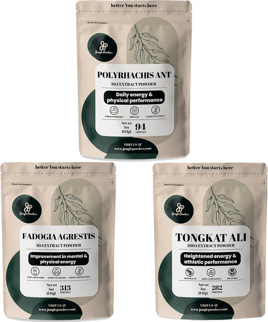 Men's Traditional Health Support Bundle: Jungle Powders Shilajit, Tongkat Ali, and Fadogia Agrestis Extract for Drive & Passion