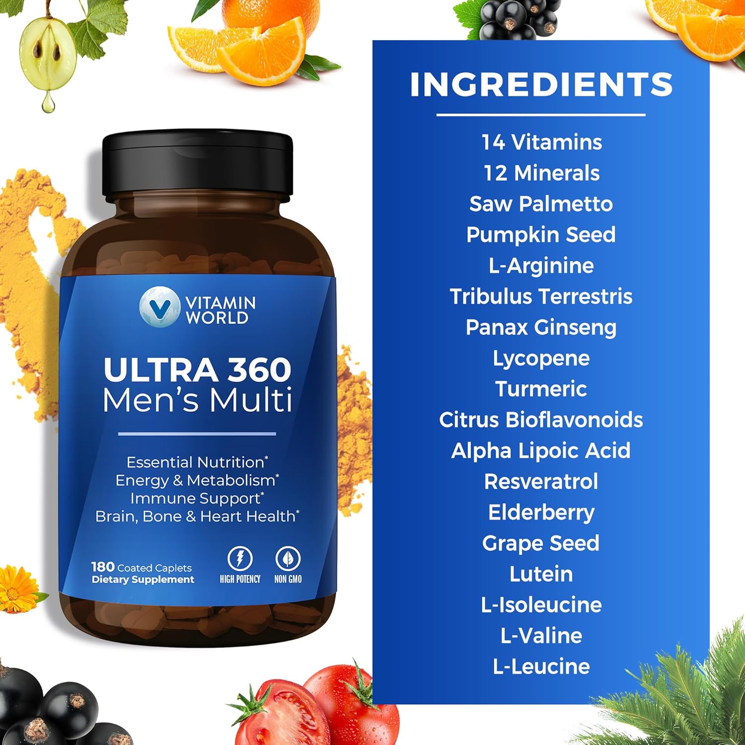 Men's Ultra 360 Multivitamin with Herbs & Antioxidants for Energy & Performance - 180 Caplets