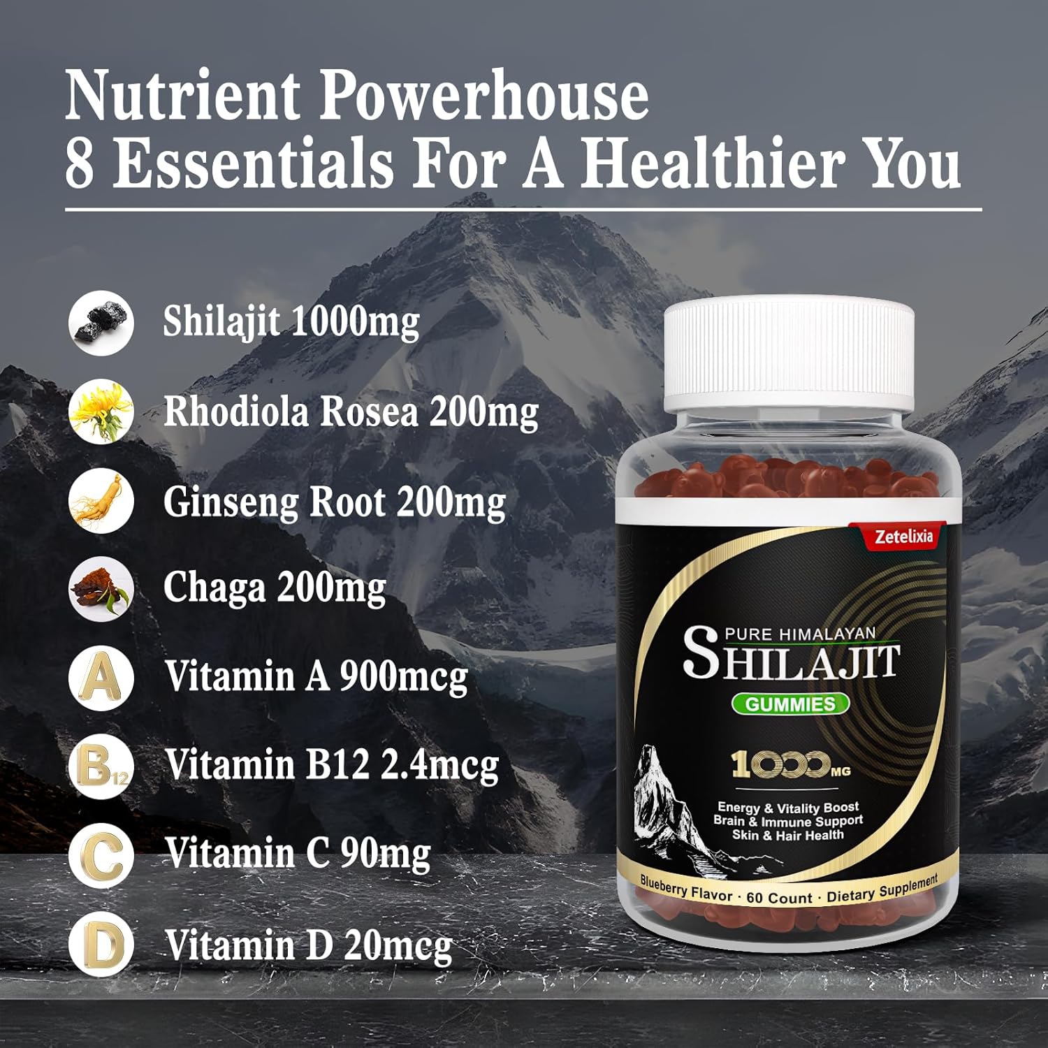 Men's Vegan Shilajit Gummies with 85+ Trace Minerals, Fulvic Acid, Sugar Free, 60 Count