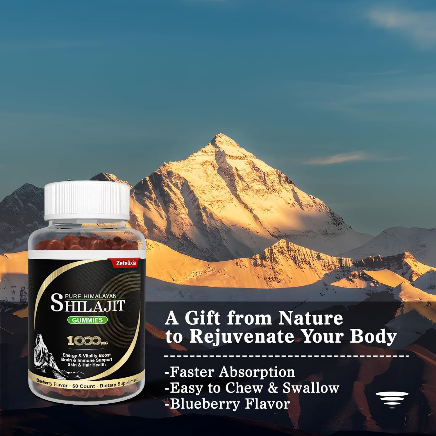 Men's Vegan Shilajit Gummies with 85+ Trace Minerals, Fulvic Acid, Sugar Free, 60 Count