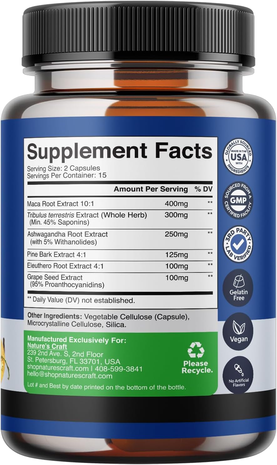 Men's Wellness Supplement with Black Maca, Siberian Ginseng, and Ashwagandha - Herbal Capsules for General Health - Natures Craft (Trial Size)