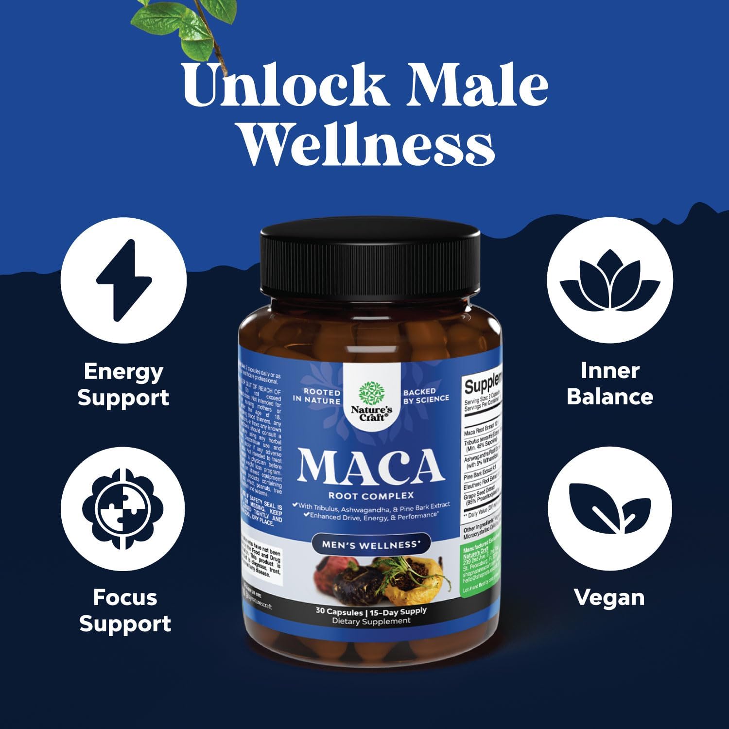 Men's Wellness Supplement with Black Maca, Siberian Ginseng, and Ashwagandha - Herbal Capsules for General Health - Natures Craft (Trial Size)
