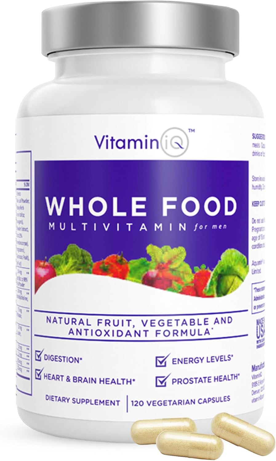 Men's Whole Food Multivitamin Supplement - 120 Vegetarian Capsules with Calcium, Magnesium, Selenium, Vitamins A, B6, C, D3, E - VitaminIQ