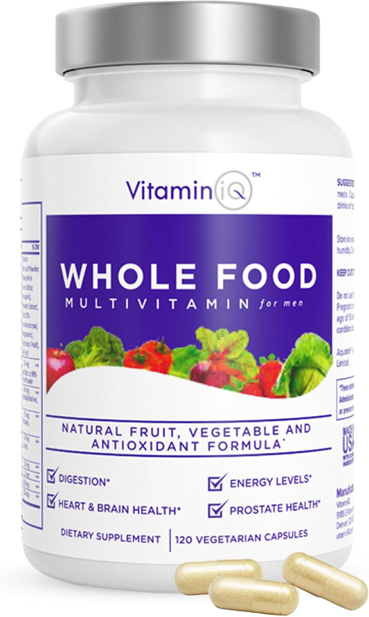 Men's Whole Food Multivitamin Supplement - 120 Vegetarian Capsules with Calcium, Magnesium, Selenium, Vitamins A, B6, C, D3, E - VitaminIQ