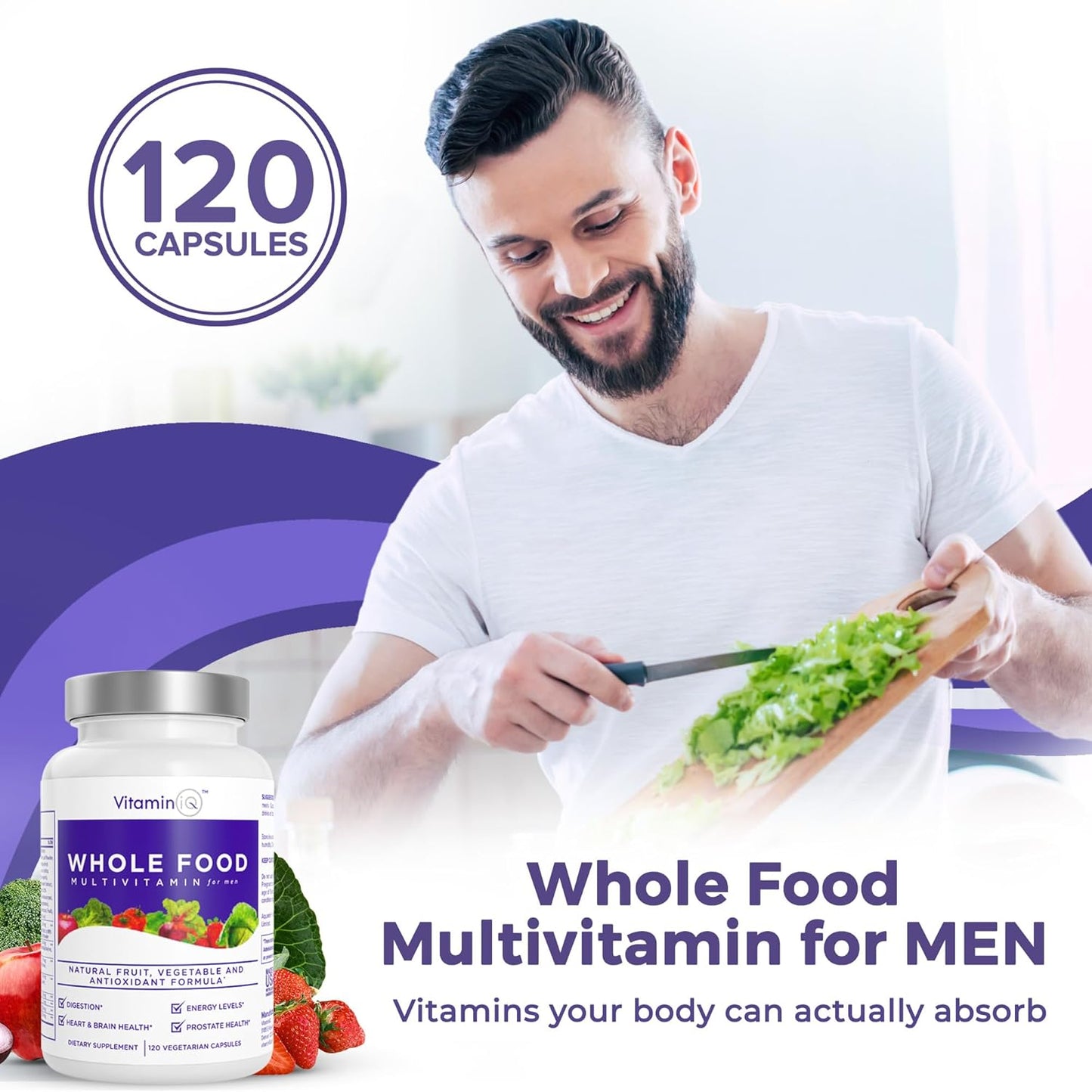 Men's Whole Food Multivitamin Supplement - 120 Vegetarian Capsules with Calcium, Magnesium, Selenium, Vitamins A, B6, C, D3, E - VitaminIQ