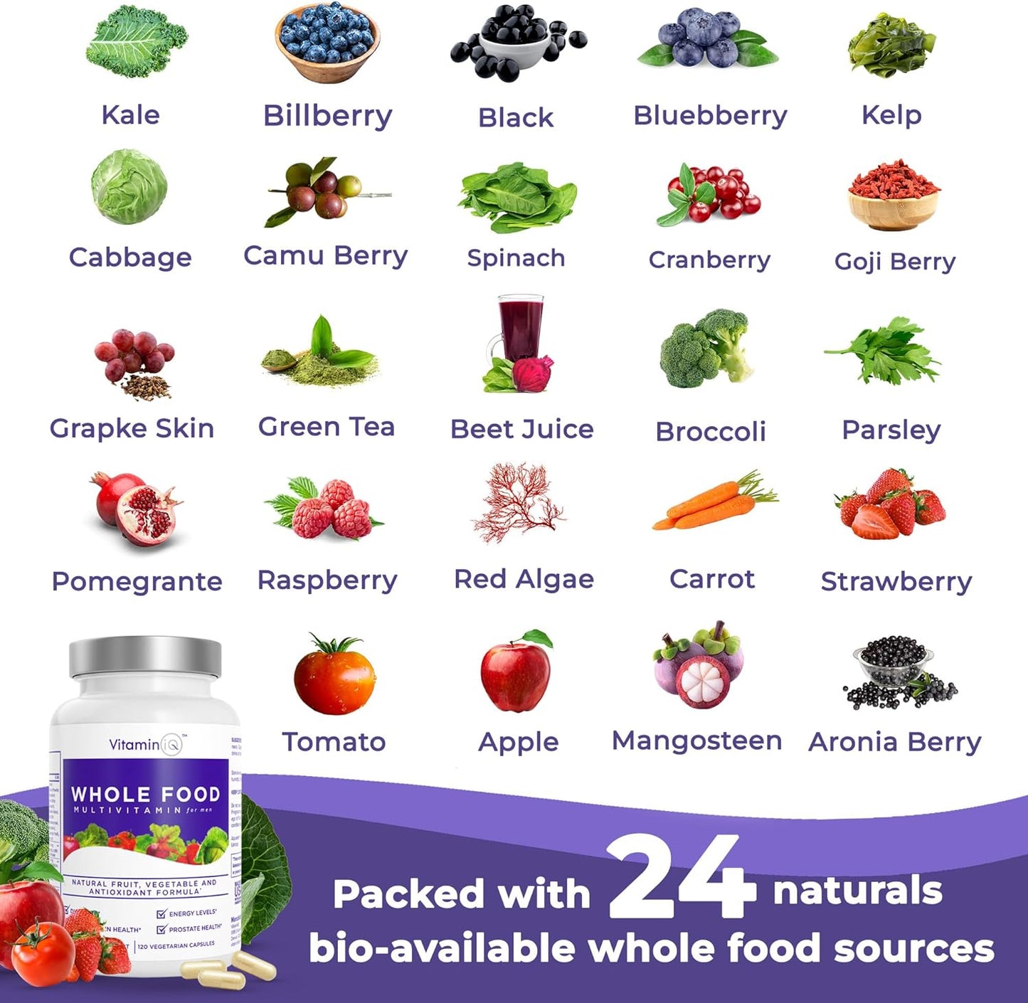 Men's Whole Food Multivitamin Supplement - 120 Vegetarian Capsules with Calcium, Magnesium, Selenium, Vitamins A, B6, C, D3, E - VitaminIQ