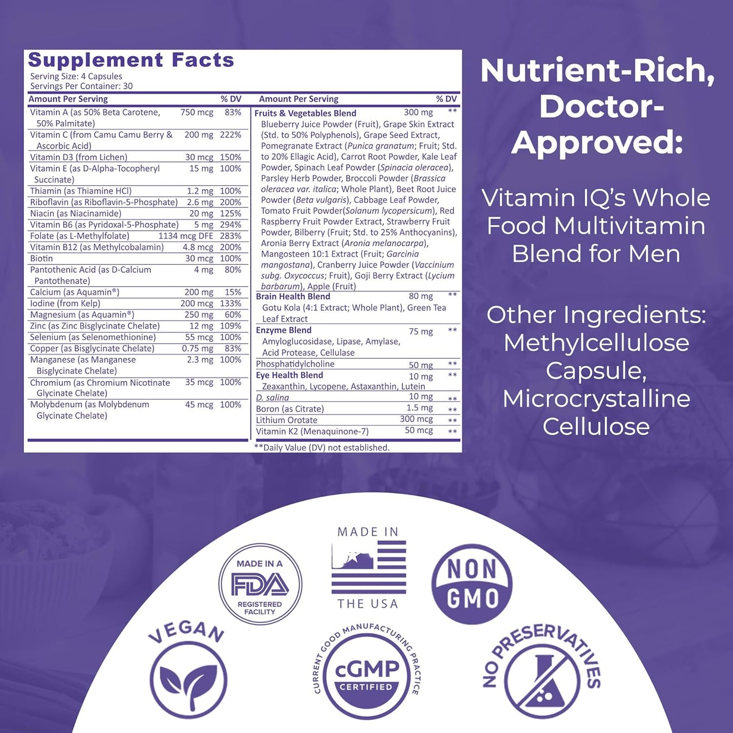 Men's Whole Food Multivitamin Supplement - 120 Vegetarian Capsules with Calcium, Magnesium, Selenium, Vitamins A, B6, C, D3, E - VitaminIQ