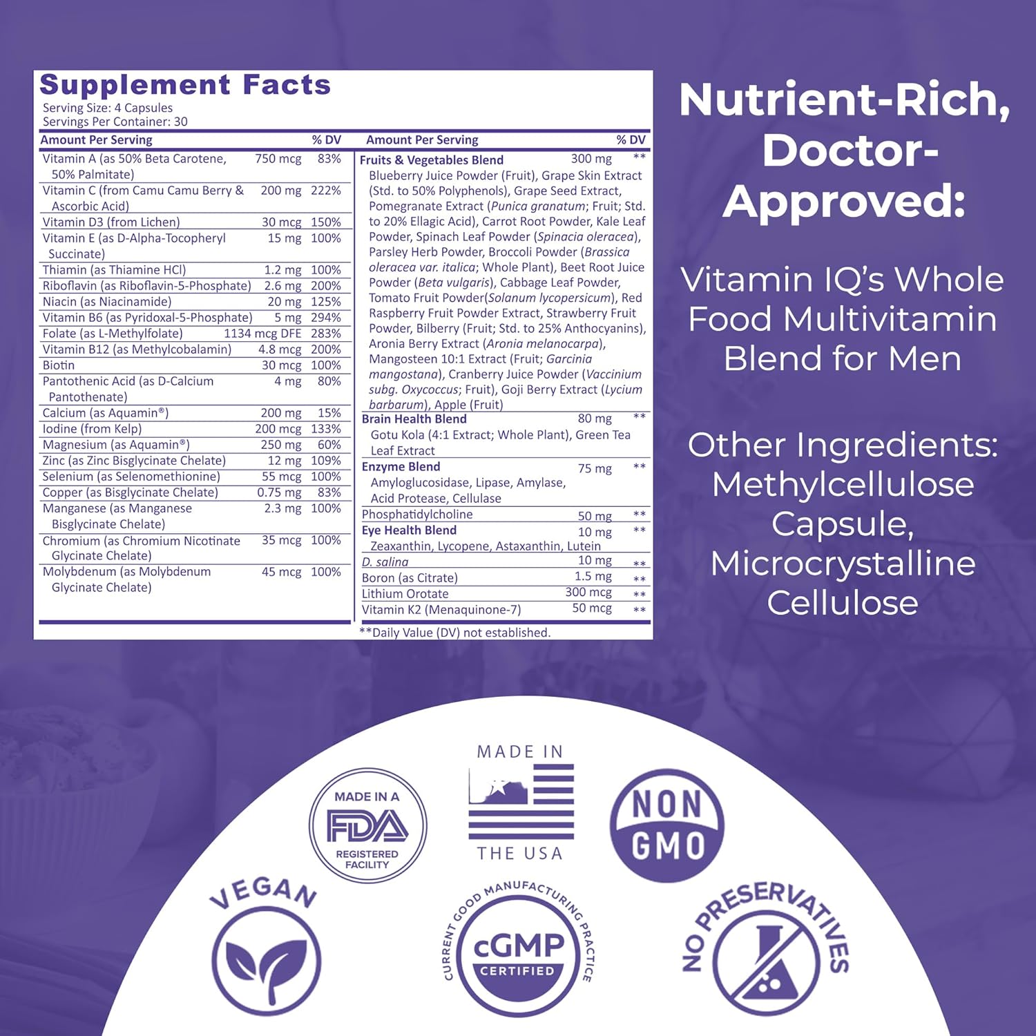 Men's Whole Food Multivitamin Supplement - 120 Vegetarian Capsules with Calcium, Magnesium, Selenium, Vitamins A, B6, C, D3, E - VitaminIQ