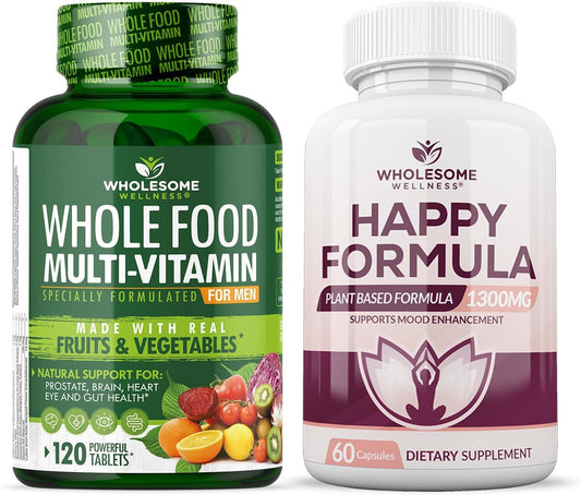 Men's Whole Food Multivitamin with Natural Vitamins, Minerals, and Organic Extracts - Happy Relief Supplement Bundle