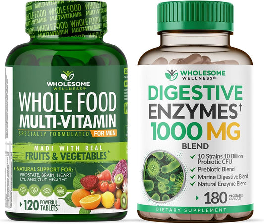 Men's Whole Food Multivitamin with Natural Vitamins, Minerals, Digestive Enzymes, Prebiotics & Probiotics - 1000MG Organic Extracts Bundle