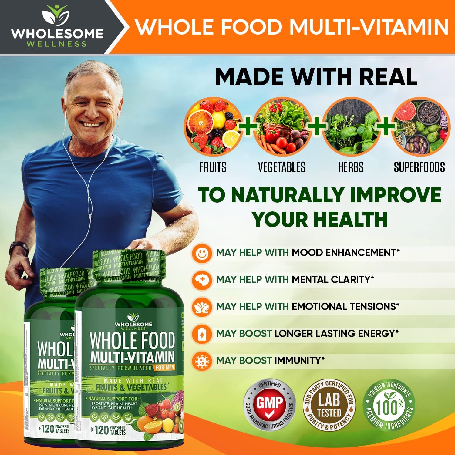 Men's Whole Food Multivitamin with Natural Vitamins, Minerals, Digestive Enzymes, Prebiotics & Probiotics - 1000MG Organic Extracts Bundle