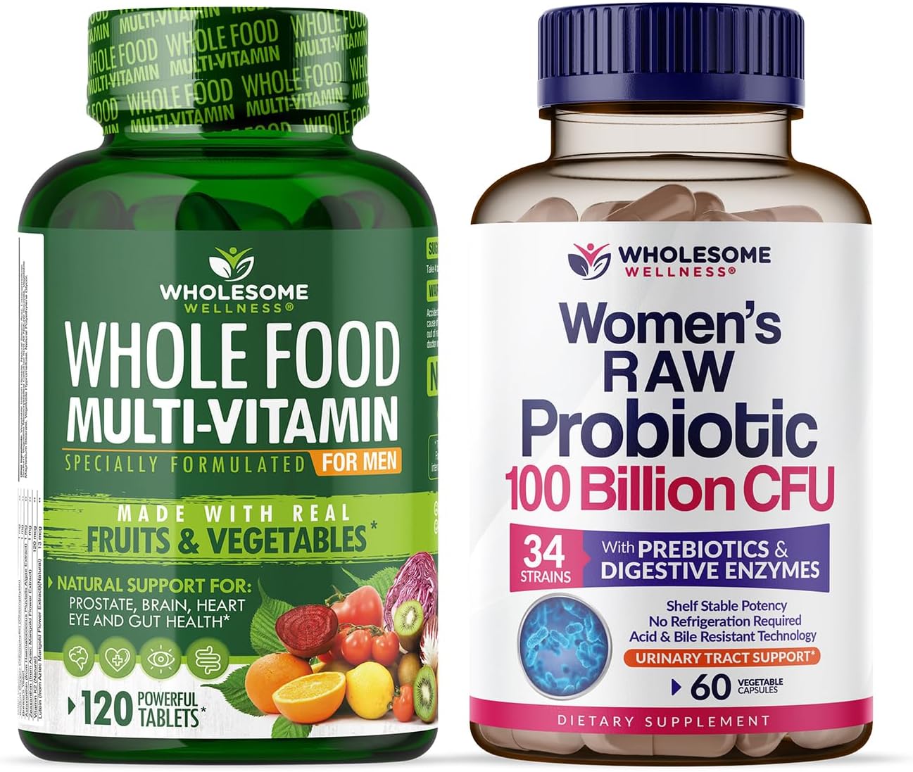 Men's Whole Food Multivitamin & Women's Raw Probiotics Bundle - 100 Billion CFUs