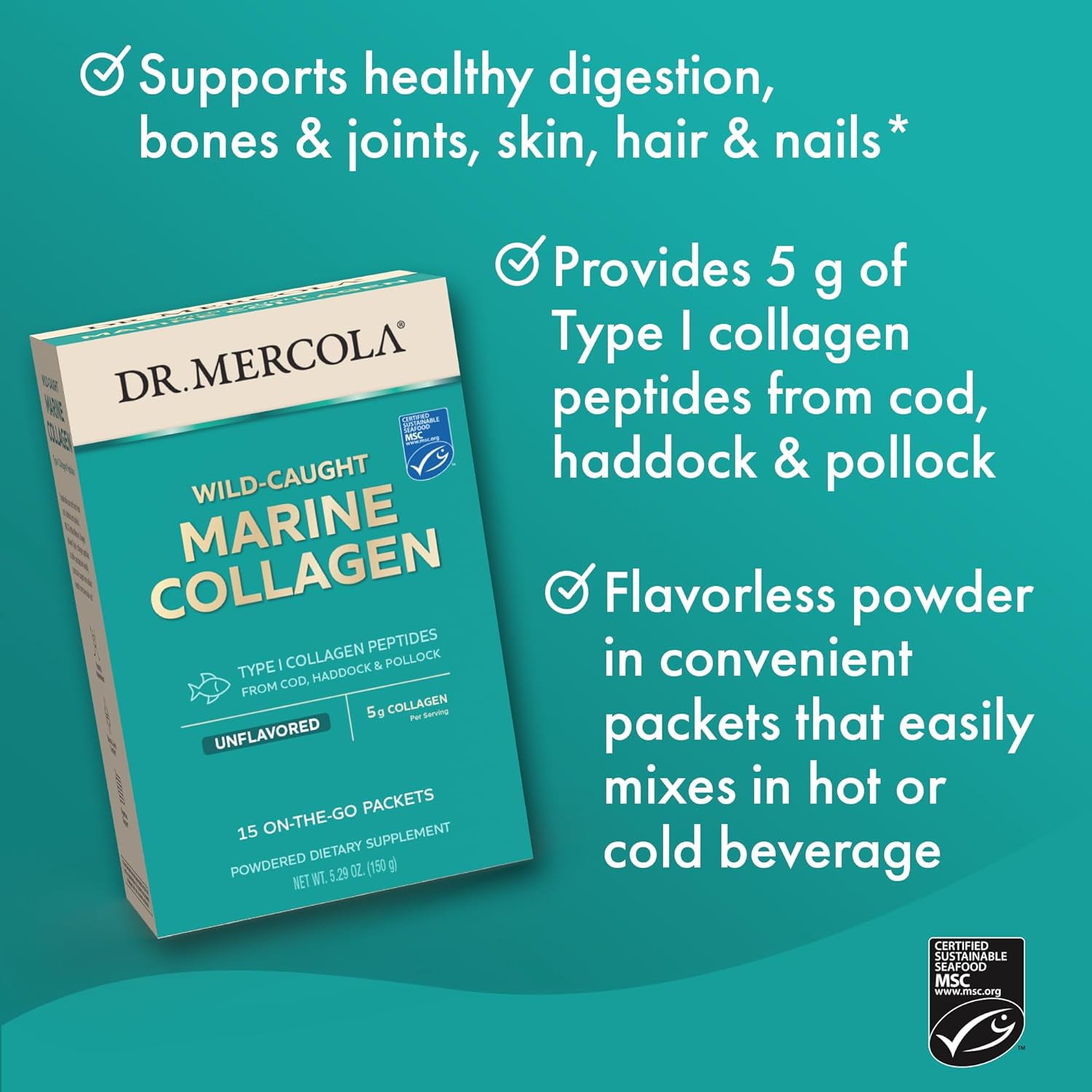 Mercola Marine Collagen Powder Packets - 5g Collagen, 15 On-The-Go Servings, Unflavored Type 1 Peptides from Cod, Haddock & Pollock