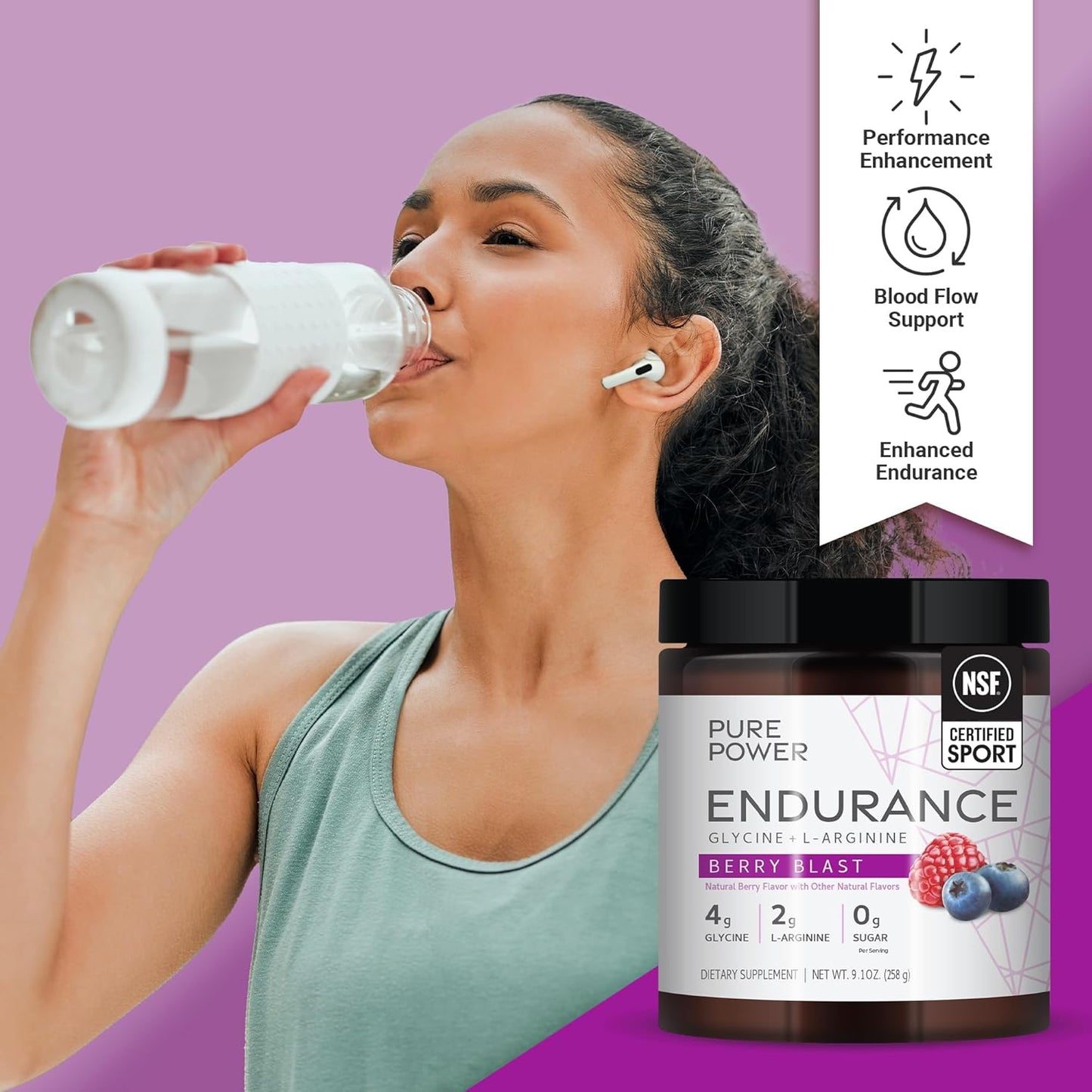 Mercola Pure Power Endurance Powder, Berry Blast Flavor, 9.1 oz (258 g), 30 Servings, Non-GMO Formula with Glycine and L-Arginine