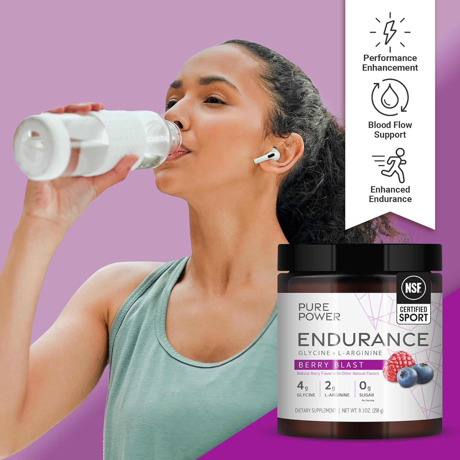 Mercola Pure Power Endurance Powder, Berry Blast Flavor, 9.1 oz (258 g), 30 Servings, Non-GMO Formula with Glycine and L-Arginine