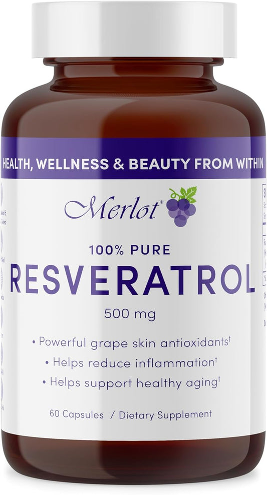 Merlot Resveratrol Capsules 500mg - 60 Count AntiAging Supplement - Non GMO Gluten Free - USA Made Beauty Within