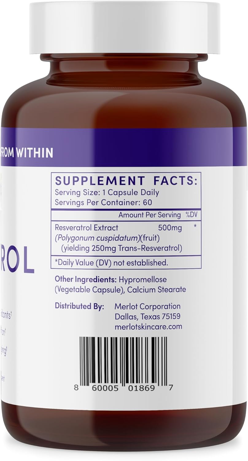Merlot Resveratrol Capsules 500mg - 60 Count AntiAging Supplement - Non GMO Gluten Free - USA Made Beauty Within