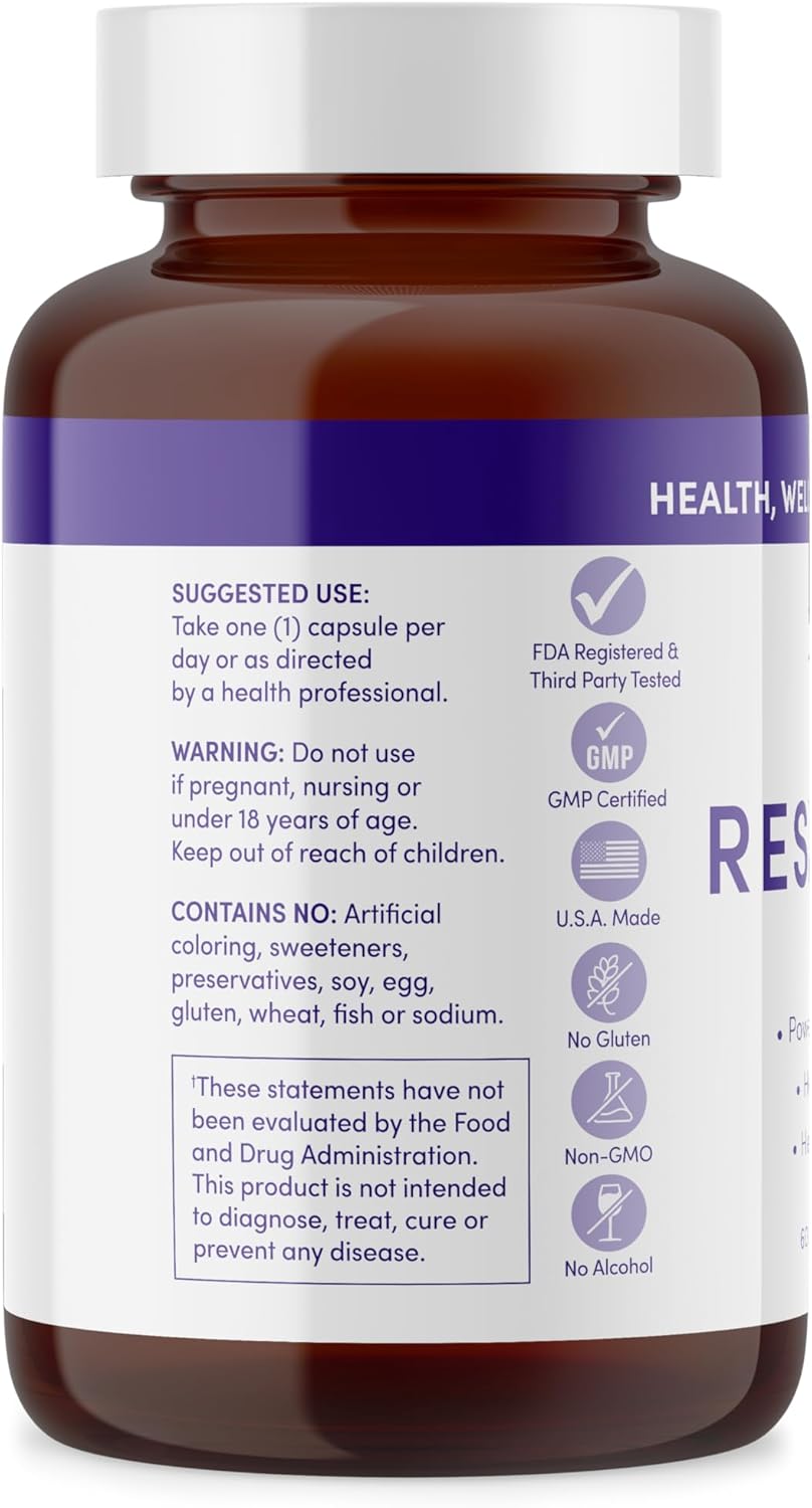 Merlot Resveratrol Capsules 500mg - 60 Count AntiAging Supplement - Non GMO Gluten Free - USA Made Beauty Within
