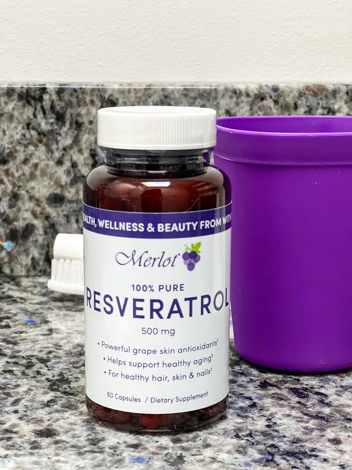 Merlot Resveratrol Capsules 500mg - 60 Count AntiAging Supplement - Non GMO Gluten Free - USA Made Beauty Within