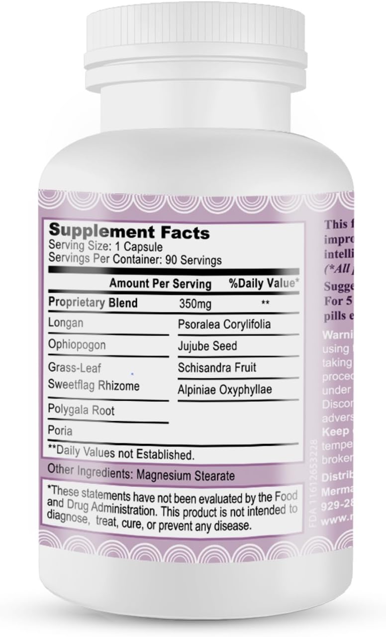 Mermaid USA Magic Brain Formula for Memory, Focus, Energy, and Sleep - Green Natural Non-GMO - 90 Capsules