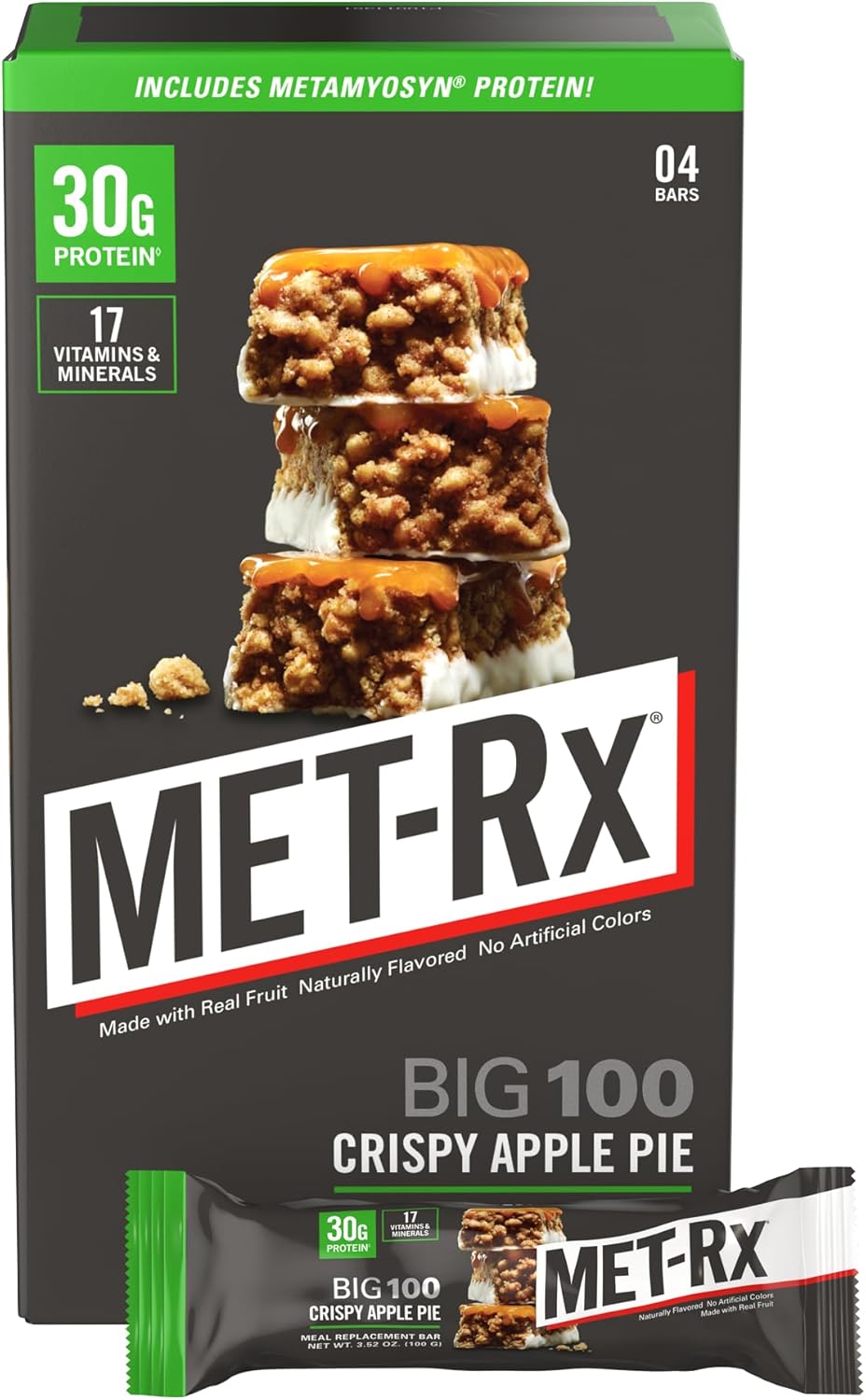 MET-Rx Big 100 Colossal Crispy Apple Pie Protein Bars, 4-Pack Meal Replacement Bars