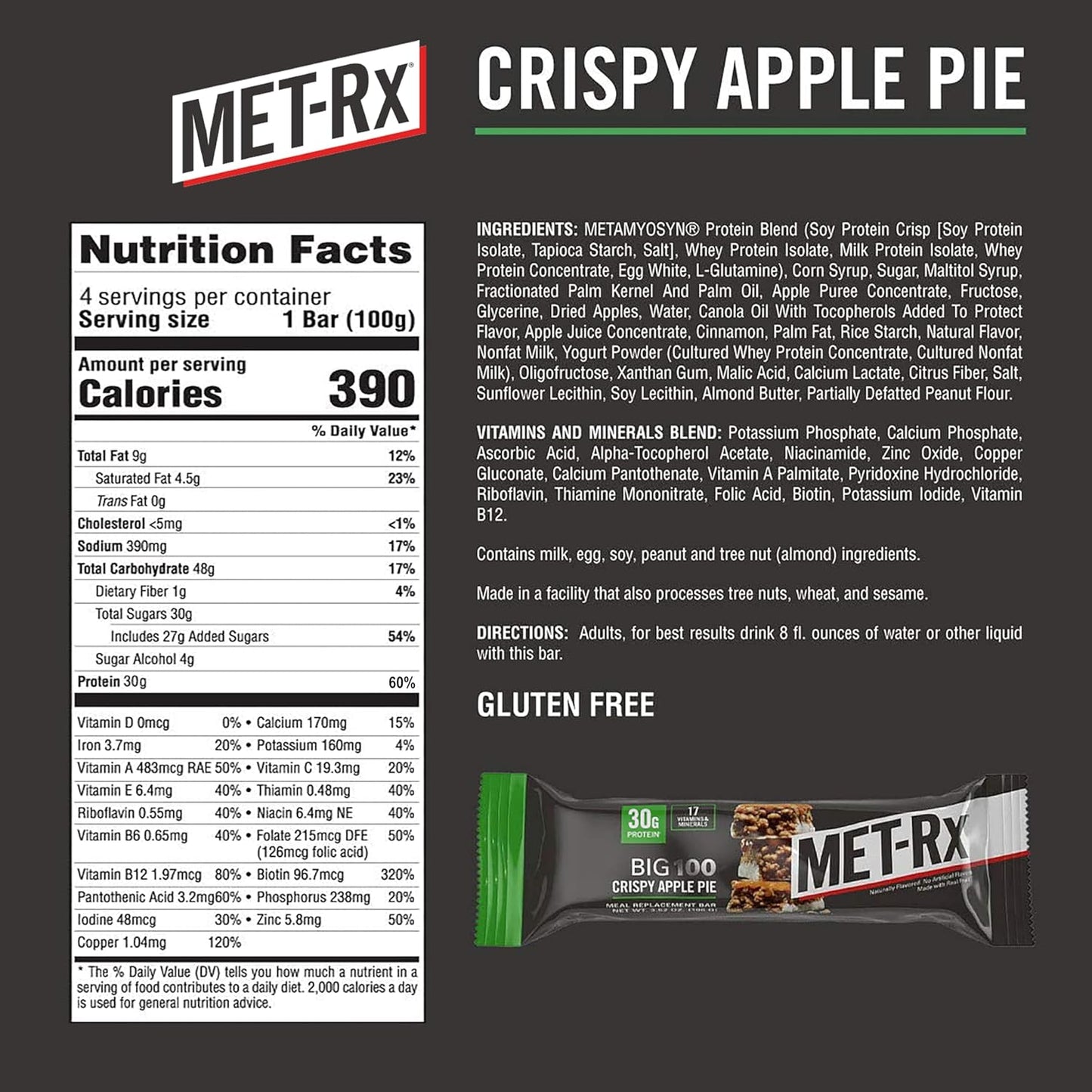 MET-Rx Big 100 Colossal Crispy Apple Pie Protein Bars, 4-Pack Meal Replacement Bars