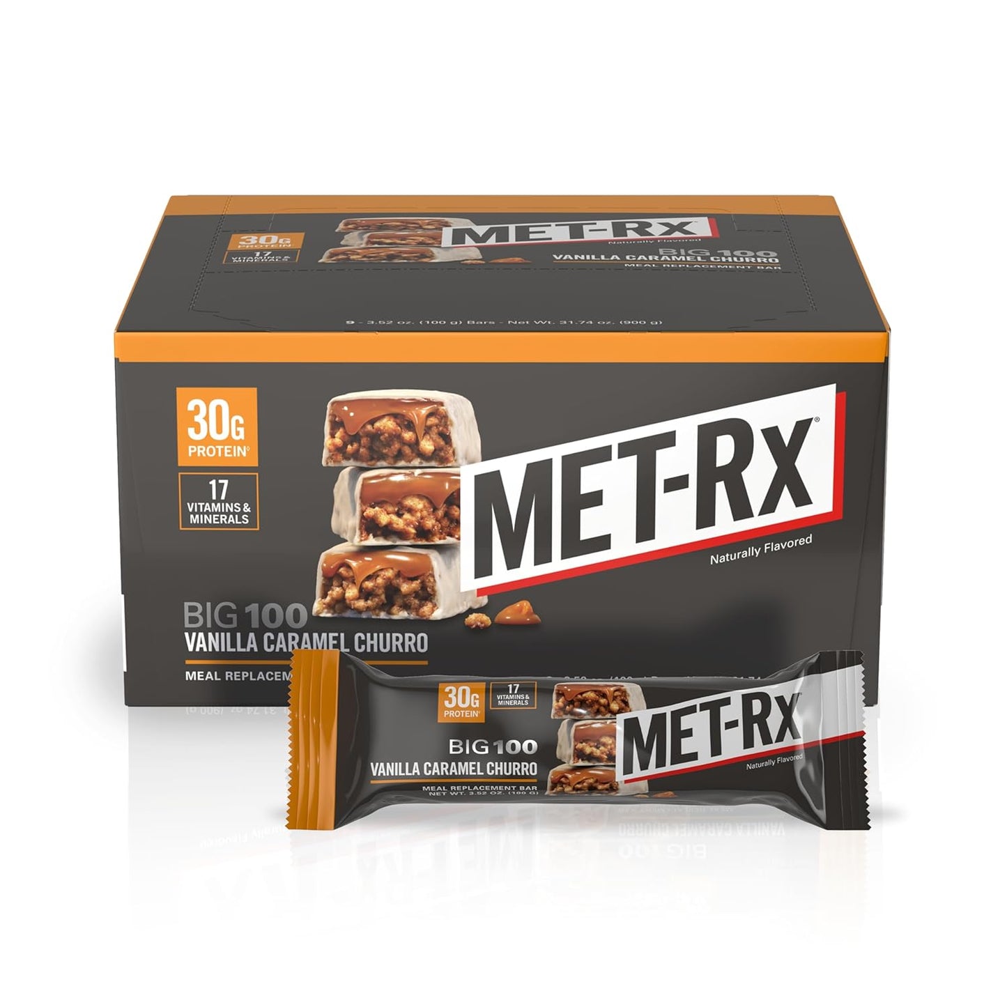 MET-Rx Big 100 Colossal Protein Bars, Vanilla Caramel Churro, 9 Count Pack, Meal Replacement Bars