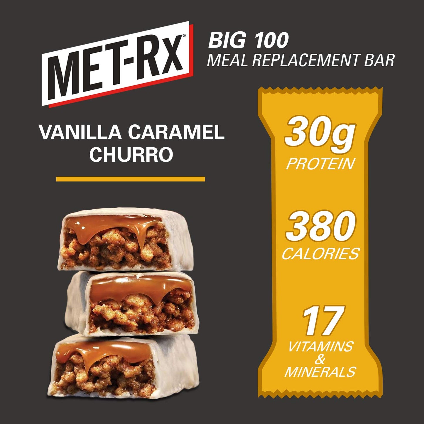 MET-Rx Big 100 Colossal Protein Bars, Vanilla Caramel Churro, 9 Count Pack, Meal Replacement Bars