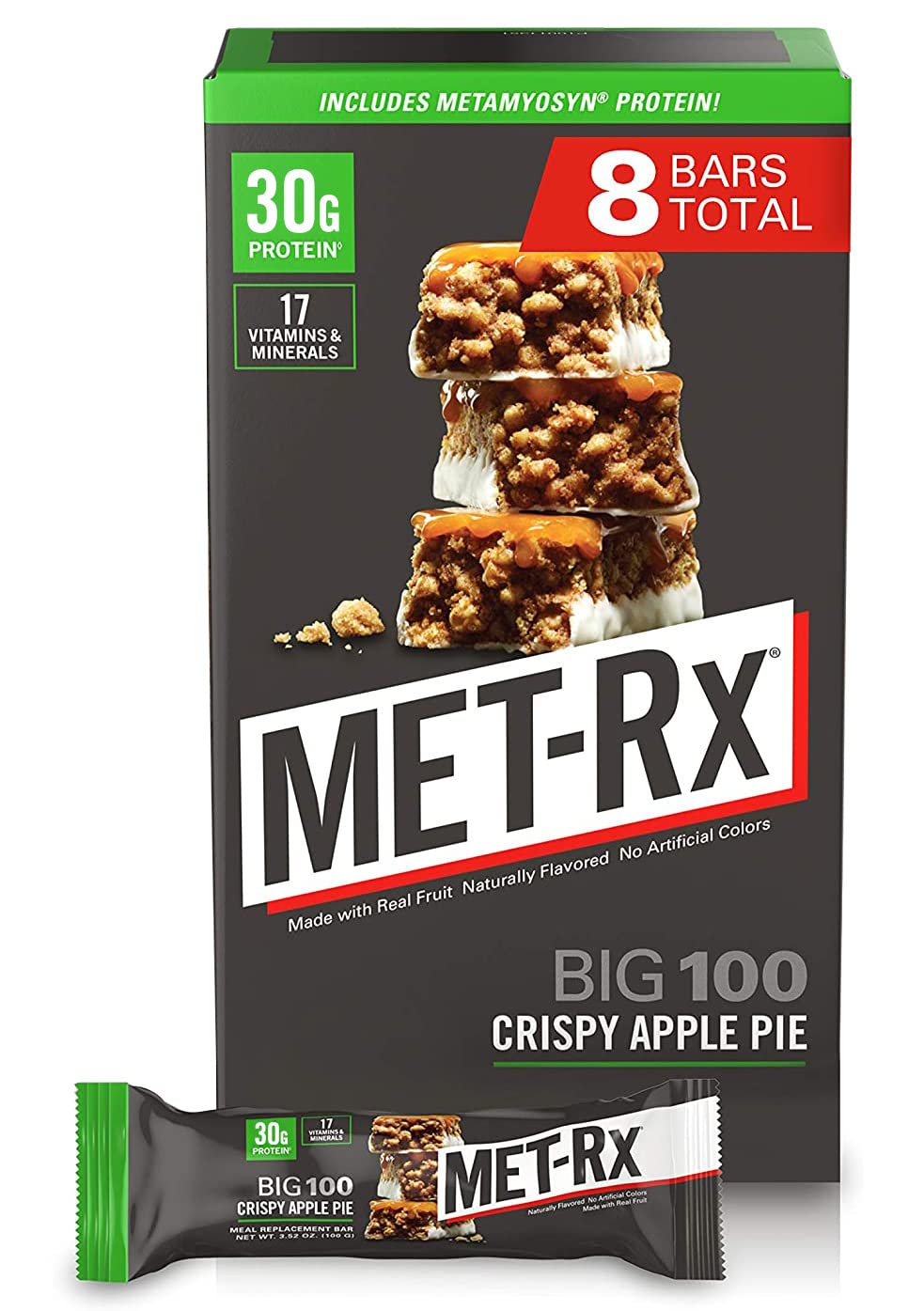 MET-Rx Big 100 Protein Bar - Meal Replacement with 30G Protein - Gluten Free - Crispy Apple Pie Flavor - 8 Bars, 3.52 oz. each