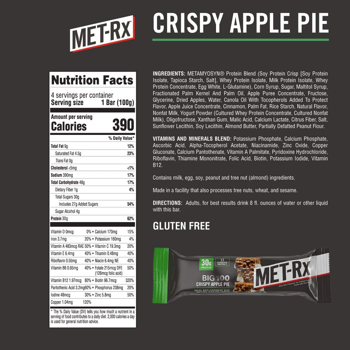 MET-Rx Big 100 Protein Bar - Meal Replacement with 30G Protein - Gluten Free - Crispy Apple Pie Flavor - 8 Bars, 3.52 oz. each