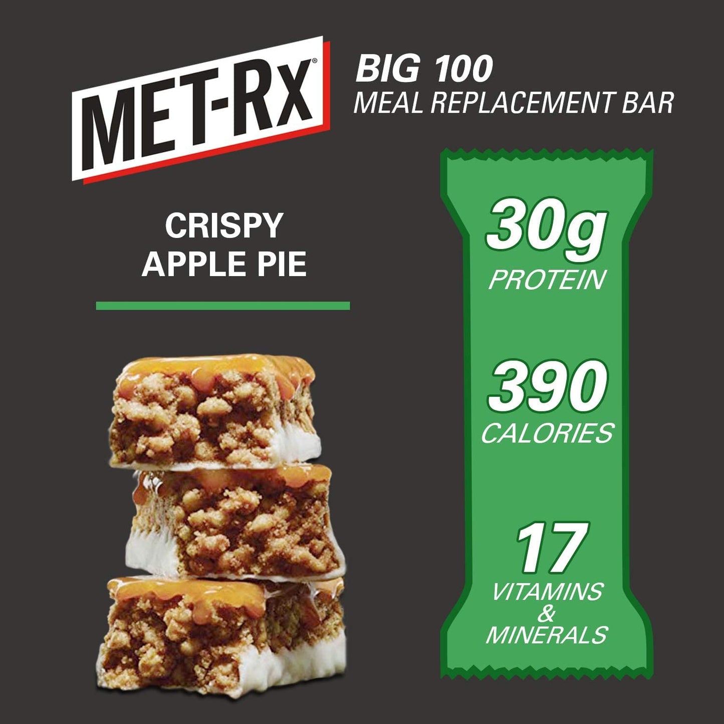 MET-Rx Big 100 Protein Bar - Meal Replacement with 30G Protein - Gluten Free - Crispy Apple Pie Flavor - 8 Bars, 3.52 oz. each