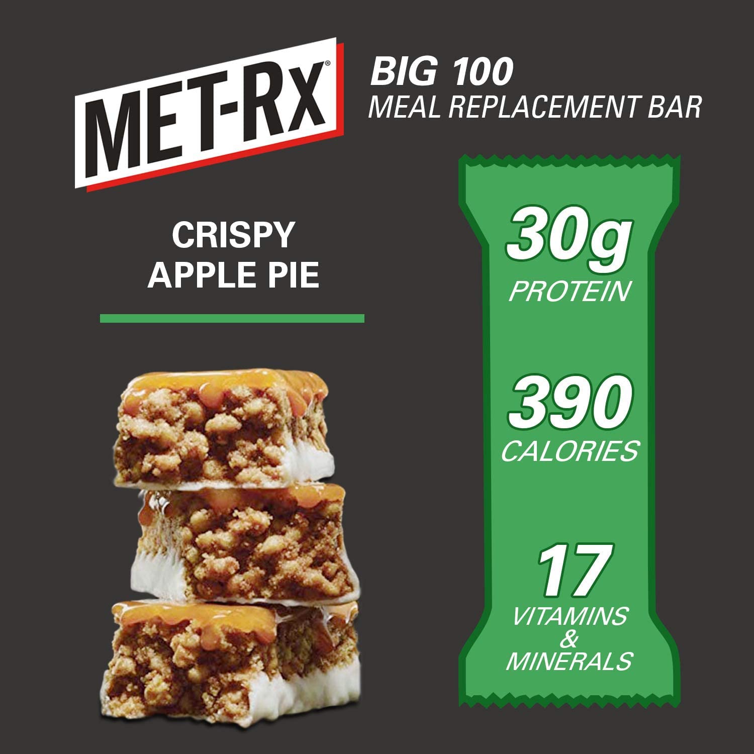 MET-Rx Big 100 Protein Bar - Meal Replacement with 30G Protein - Gluten Free - Crispy Apple Pie Flavor - 8 Bars, 3.52 oz. each