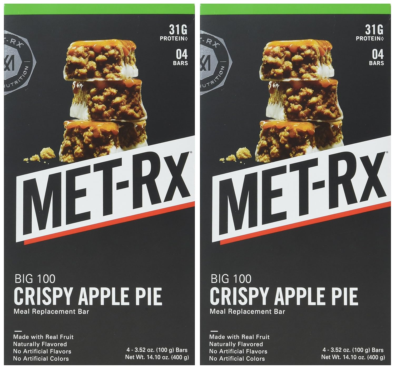MET-Rx Big 100 Protein Bar - Meal Replacement with 30G Protein - Gluten Free - Crispy Apple Pie Flavor - 8 Bars, 3.52 oz. each