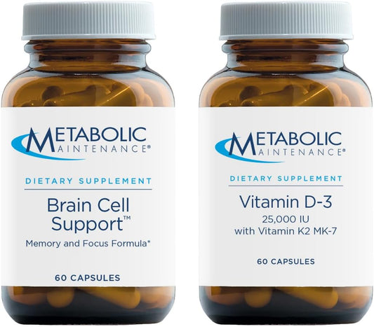 Metabolic Maintenance Brain Cell + Vitamin D3 25,000 IU Capsules for Memory, Focus, Bone Density & Health - Citicoline, DMAE, Ginkgo, Vitamin K2 - 60 Count