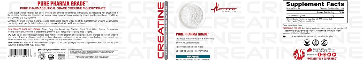 Metabolic Nutrition Creatine Supplement (500) - Boost Energy and Muscle Strength