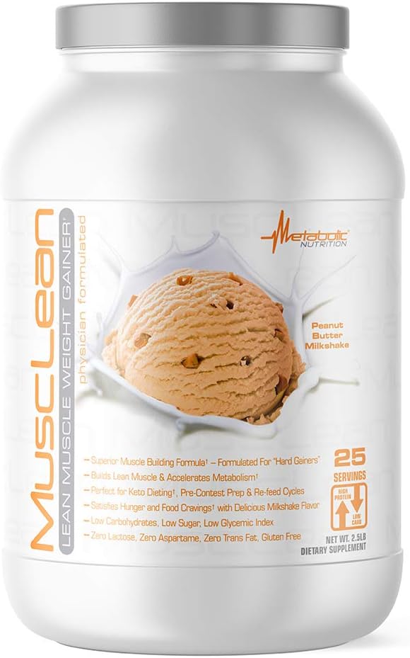 Metabolic Nutrition Musclean Milkshake: Whey Protein Meal Replacement with Digestive Enzymes, Low Carb Keto Diet Support - Peanut Butter Flavor, 2.5 Pound