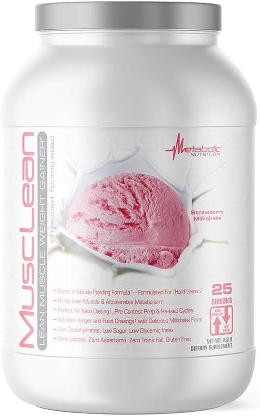 Metabolic Nutrition Musclean Whey High Protein Meal Replacement Shake - Strawberry Flavor, 2.5lb (25 Servings) - Low Carb, Keto-Friendly with Digestive Enzymes